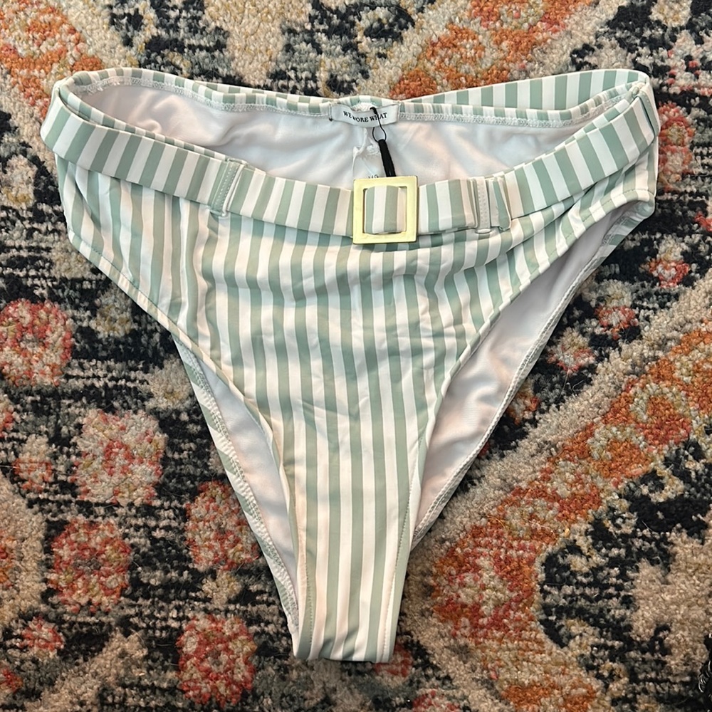 WeWoreWhat belted green and white striped bathing suit bottom